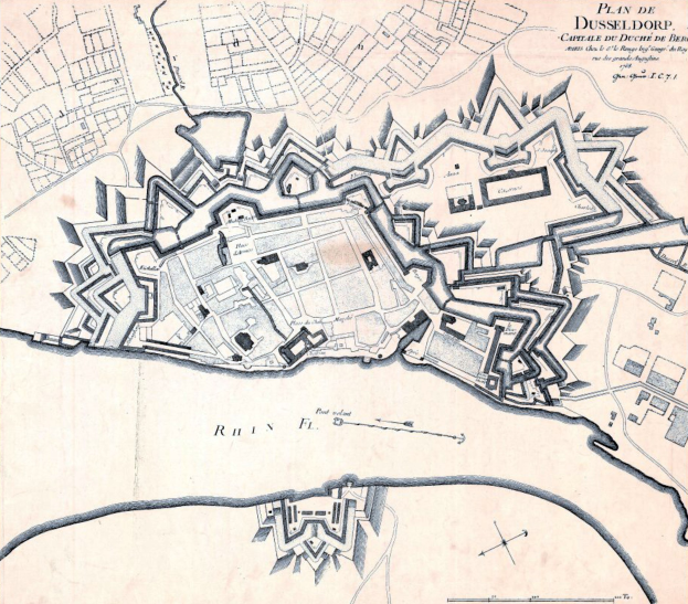 Detailierte Stadtplan-Poster von Düsseldorf, Deutschland, mit Straßen, Gebäuden, Sehenswürdigkeiten und Text mit Bevölkerungsdaten, Geschichte und Kulturinformationen.
