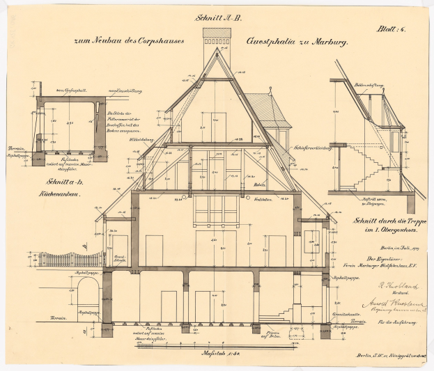 Ein detailliertes architektonisches Zeichnung eines Hauses mit zahlreichen Fenstern und einem Dach, das als erstes Haus in Deutschland identifiziert wird, begleitet von Plänen und Text auf Papier.