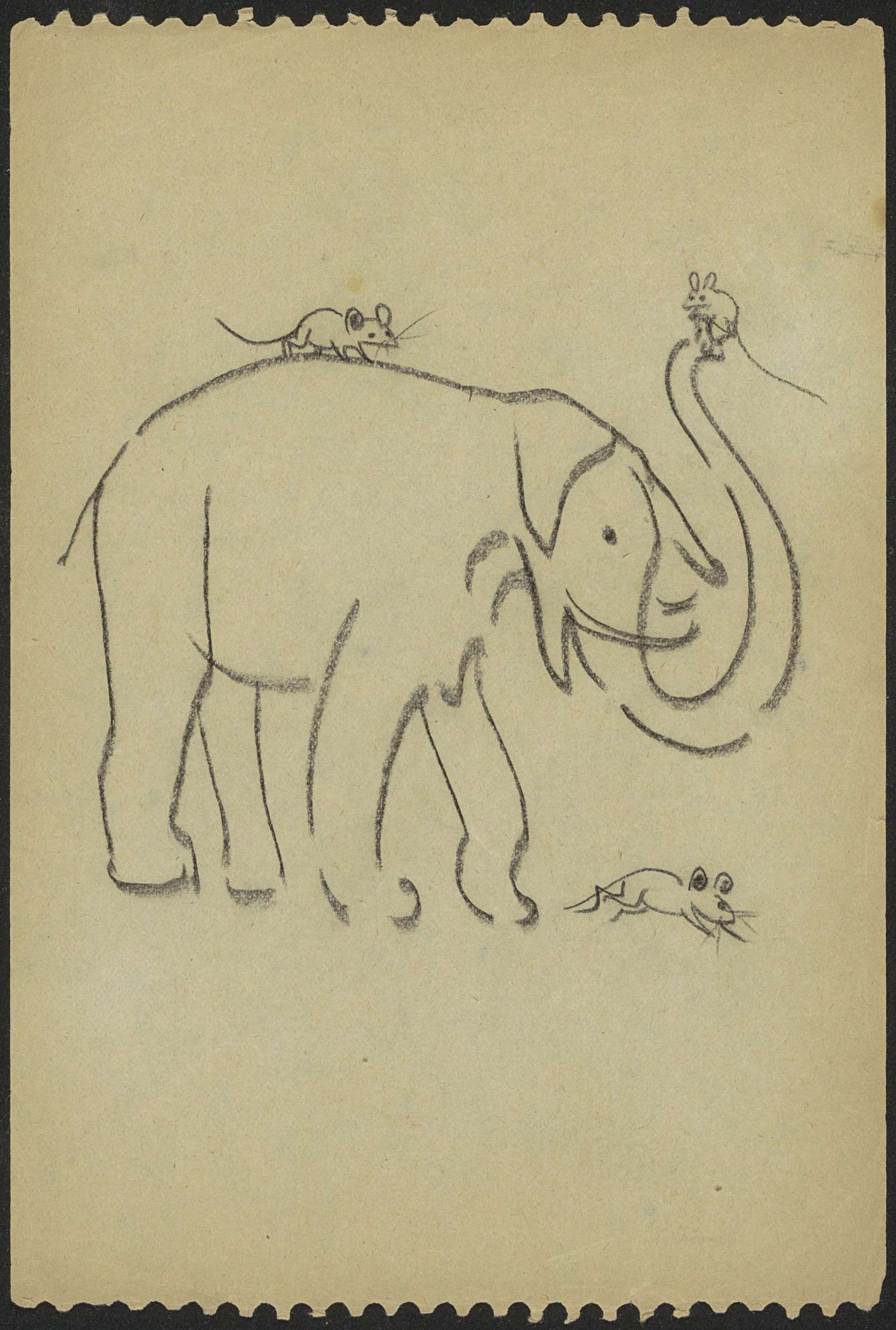 Eine Zeichnung eines aufrecht stehenden Elefanten mit erhobenem Rüssel und einer Maus auf seinem Rücken, beide mit friedlichen Gesichtern.