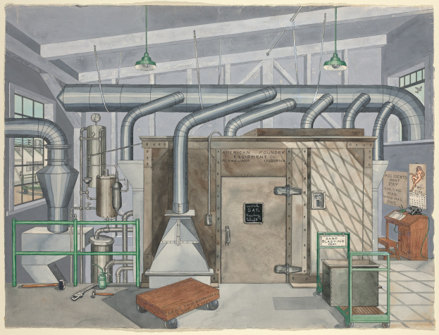 Eine detaillierte Strichzeichnung eines industriellen Fabrikinneren mit Maschinen, Rohren, einem Karren, einem Tisch, einem Stuhl, einem Schild mit der Aufschrift "American Foundry Equipment Co, Indiana", Fenstern und Deckenlampen.