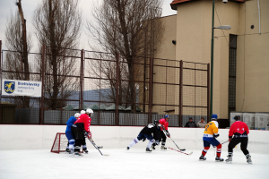 Menschen spielen Eis-hockey auf einer Eisbahn mit Gebäuden, Bäumen, einer Straßenlaterne, einem Namensschild und Zäunen im Hintergrund bei klarem Himmel.