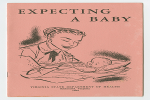 Ein Buchumschlag mit einer Frau mit warmem Gesichtsausdruck, die ein zufriedenes Baby hält, mit der Überschrift 'Erwarten eines Babys'.