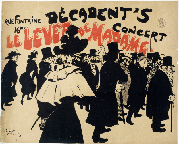 Ein Plakat, das ein Konzert in Paris, Frankreich, ankündigt, mit einer Gruppe von Menschen, einige tragen Hüte, und Text, der "Decadent's Le Lever de Madame" liest.