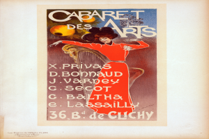 Ein Vintage-Plakat, das die Cabaret des Arts in Paris ankündigt, zeigt eine Frau in einem roten Kleid, umgeben von Text, in einem Photo-Rahmen.