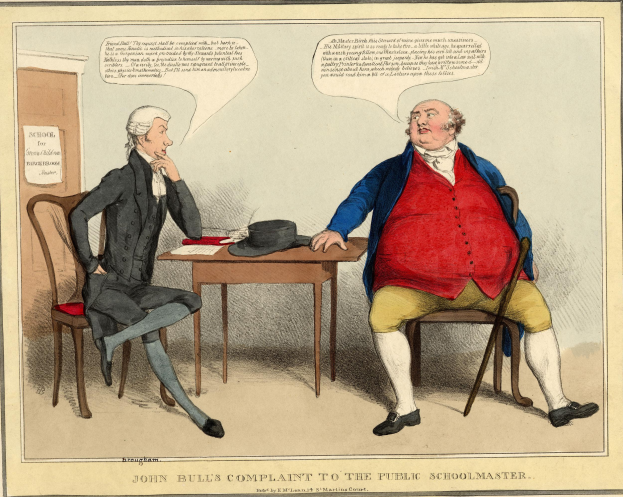 John Bull sitzt mit einem Schulmeister an einem Tisch mit einem Hut und Papieren, eine Tür und eine Ankündigung an der Wand im Hintergrund.