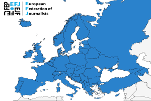 Eine Karte von Europa, die die Europäische Journalisten-Föderation (EFJ) in Blau mit zusätzlichen Textdetails hervorhebt.