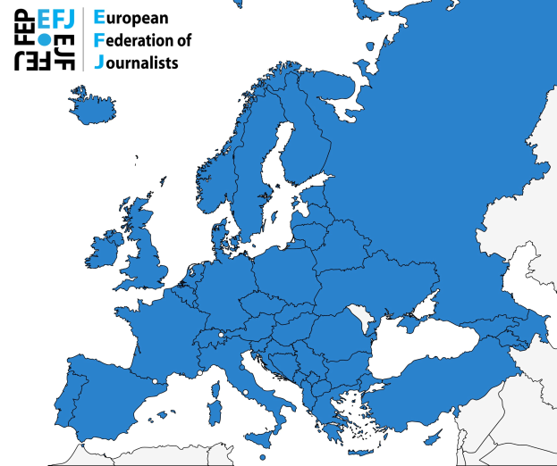 Eine Karte von Europa, die die Europäische Journalisten-Föderation (EFJ) in Blau mit zusätzlichen Textdetails hervorhebt.