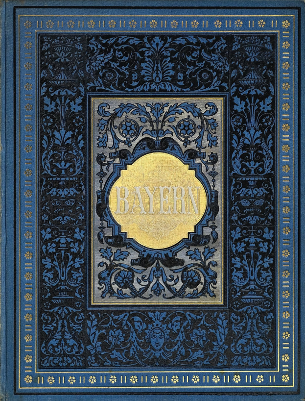 Blau-goldenes Buch mit dem Wort "Bayern" auf dem Cover, das mit detaillierten Verzierungen versehen ist.