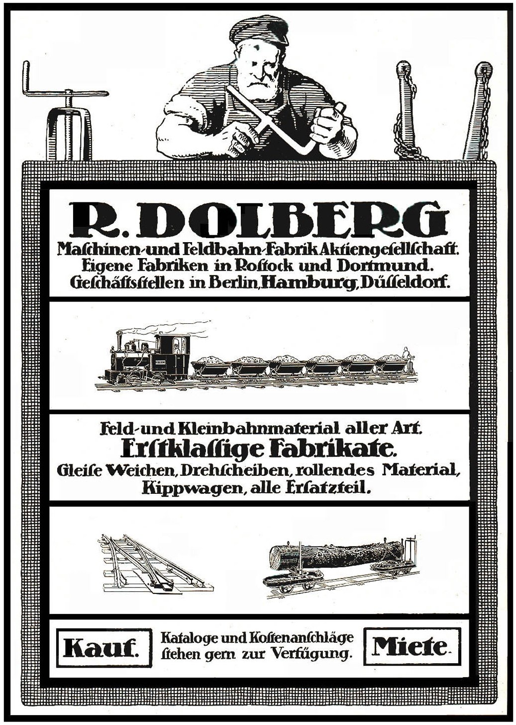 Werbung für R.D. Dolbergs Fabrik in Hamburg, Deutschland, mit einem Plakat mit Text und Bildern von einer Person, einem Zug und anderen Gegenständen.