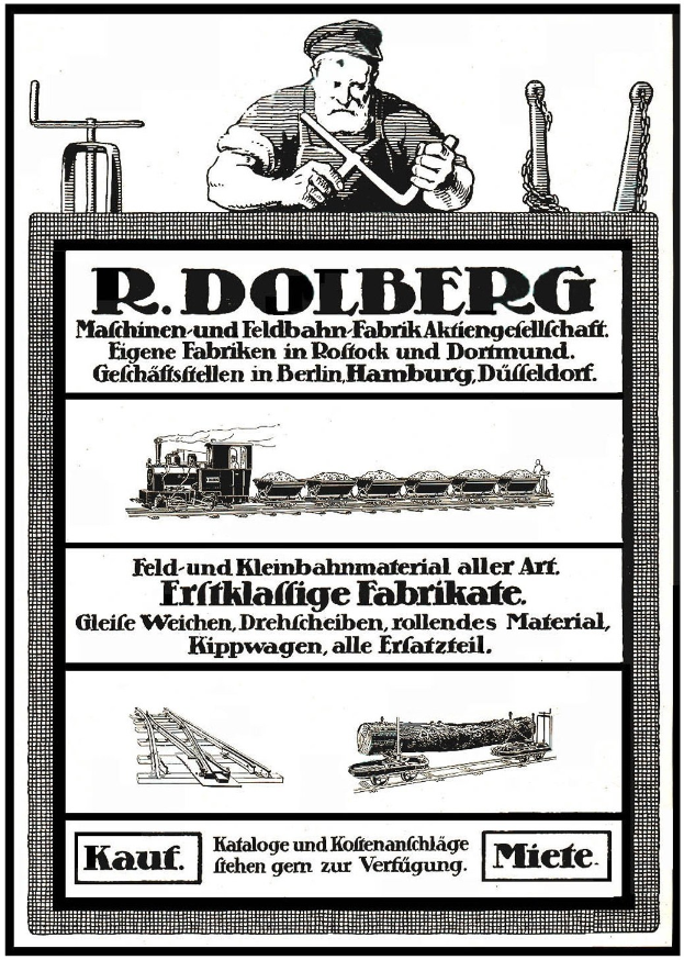 Werbung für R.D. Dolbergs Fabrik in Hamburg, Deutschland, mit einem Plakat mit Text und Bildern von einer Person, einem Zug und anderen Gegenständen.