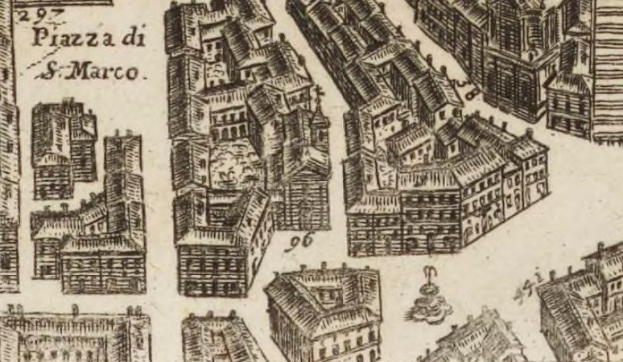 Eine handgezeichnete Stadtansicht mit verschiedenen architektonischen Gebäuden und handgeschriebenen Notizen auf dem Papier.
