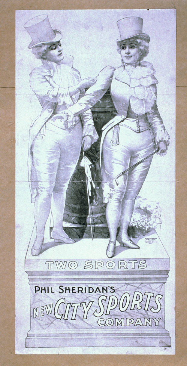 Plakat für Phils neue Stadt-Sportfirma mit zwei Personen nebeneinanderstehend und Text, der die Firma beschreibt.