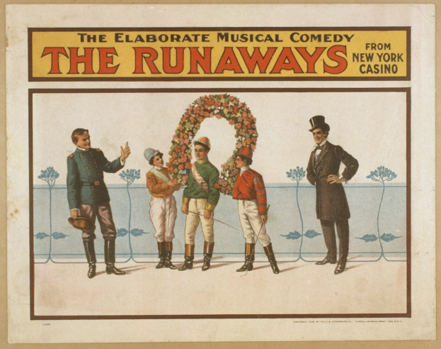 Plakat für die Musical-Comedy "Runaways" aus dem New Yorker Casino, das eine Gruppe von Menschen in einer Reihe zeigt, wobei einer einen Blumenstrauß hält und der Text das Stück beschreibt.
