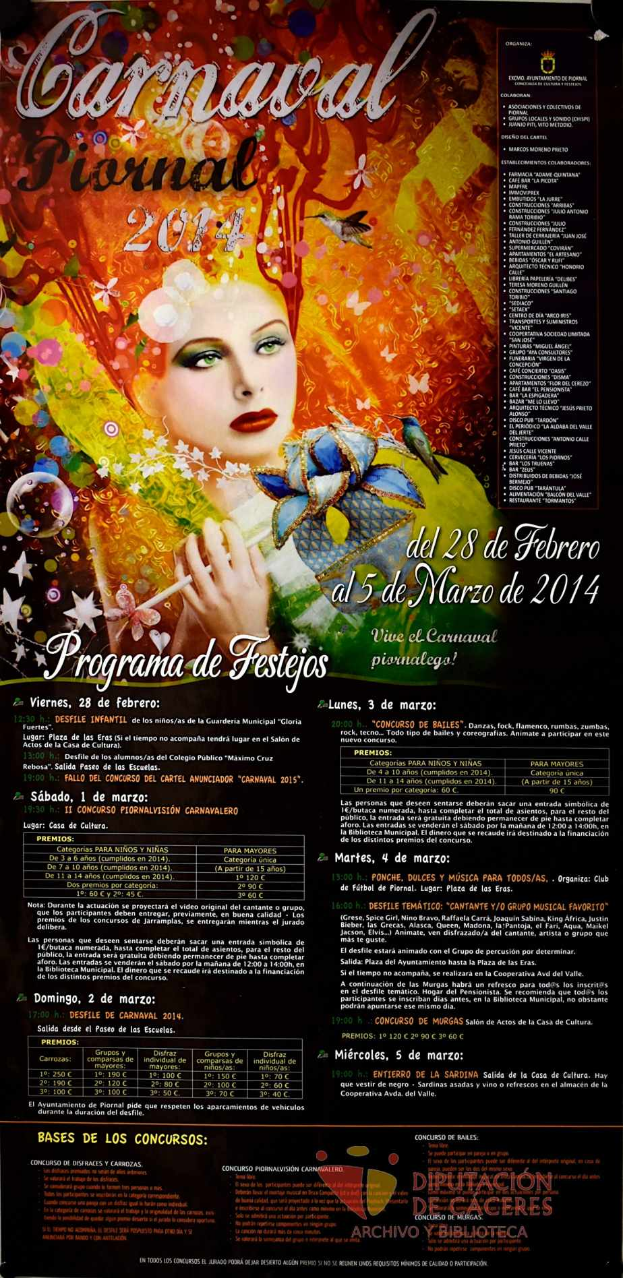 Eine Frau in einem bunten Kleid, die lacht, umgeben von schwarzem Text mit der Aufschrift "Carnaval Festival 2014" auf einem leuchtend gelben Hintergrund.