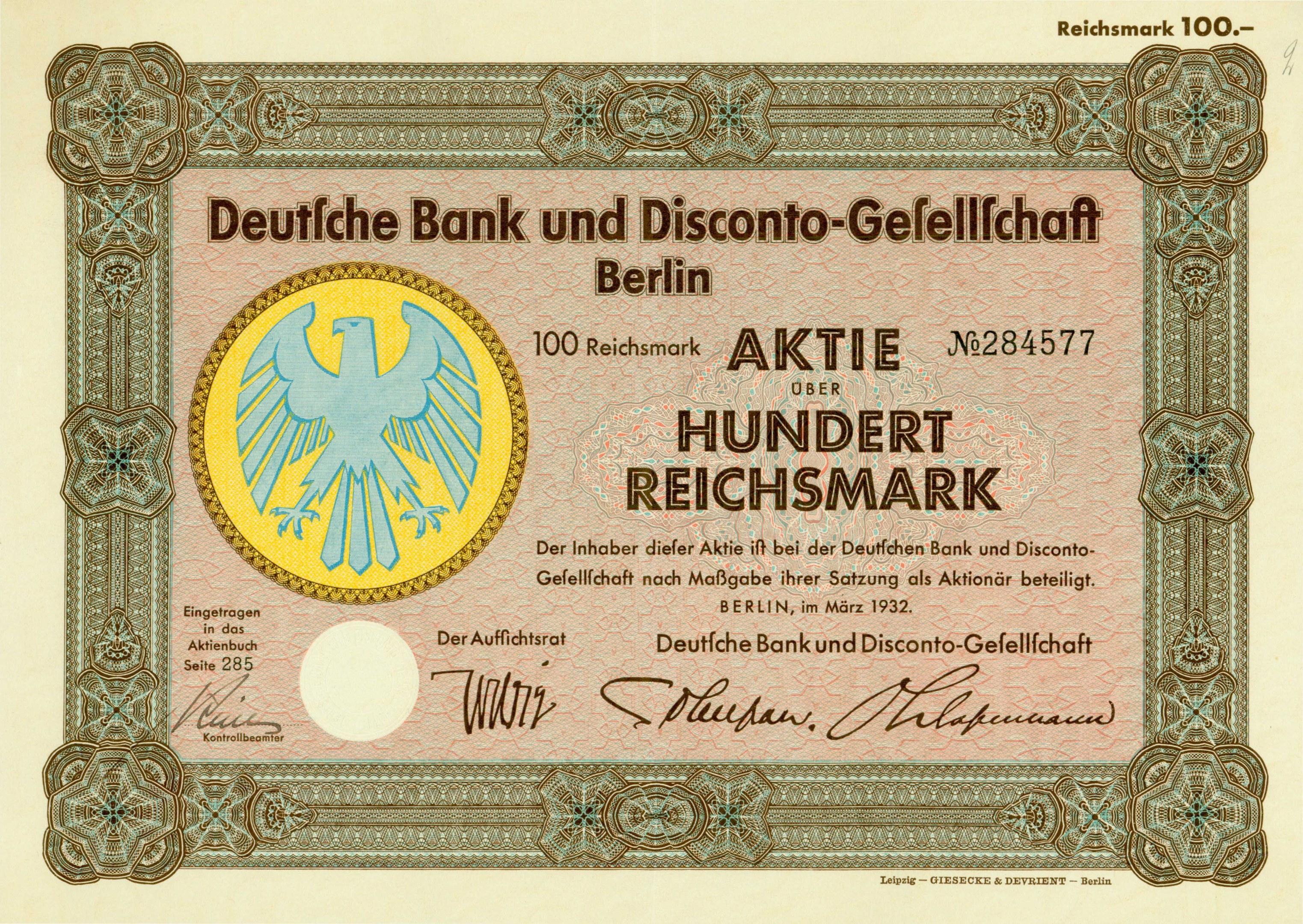 Alte deutsche Banknote mit einer Vogeldarstellung und der Aufschrift "Deutsche Bank und Disconto-Gesellschaft Berlin".