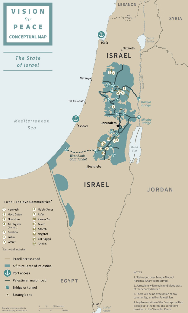 Ein Plakat mit der Aufschrift "Vision für Frieden Konzeptkarte", das eine detaillierte Karte von Israel mit Städten, Dörfern und Grenzen in blauen und grünen Tönen zeigt.