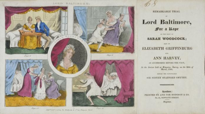 Ein historisches Dokument, das einen Prozess gegen Lord Baltimore wegen angeblicher Vergewaltigung zeigt, einschließlich Illustrationen von Menschen, Vorhängen und Text.