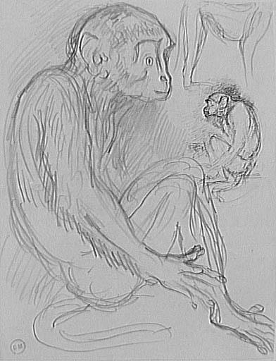 Eine Skizze eines hellbraunen Affen, der auf dem Boden sitzt und ein Baby sanft in den Armen hält, mit geschlossenen Augen und einem friedlichen Gesichtsausdruck, während das Baby ihn mit einem zufriedenen Lächeln ansieht.