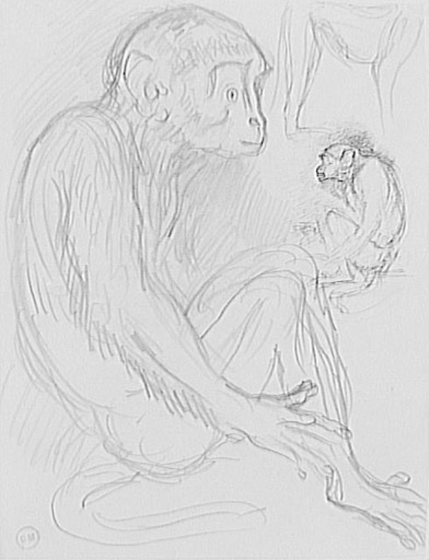 Eine Skizze eines hellbraunen Affen, der auf dem Boden sitzt und ein Baby sanft in den Armen hält, mit geschlossenen Augen und einem friedlichen Gesichtsausdruck, während das Baby ihn mit einem zufriedenen Lächeln ansieht.