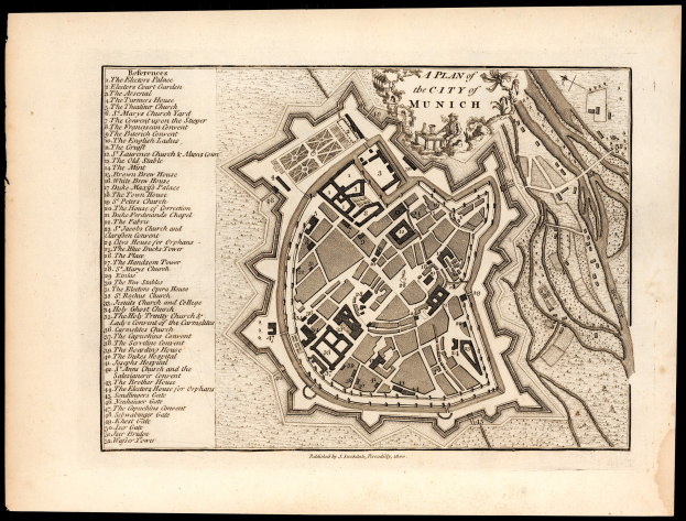 Detailierte alte Karte von München, Deutschland, auf schwarzem Hintergrund, die Straßen, Gebäude und Sehenswürdigkeiten zeigt.