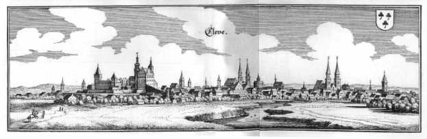 Eine schwarz-weiße Zeichnung einer Stadt mit einem Schloss im Hintergrund, umgeben von Bäumen, Wasser und Wolken am Himmel, mit dem Text "Cologne, Germany" unten.