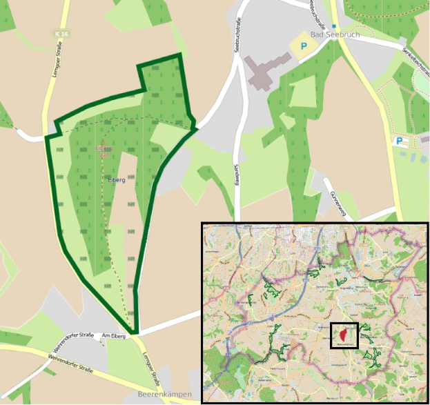 Stadtplan, der einen zentralen grünen Bereich als geplanten Baustandort markiert, mit umliegenden Stra├čen, Geb├Ąuden und Landmarken.
