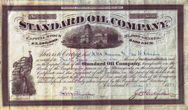 Ein altes Aktienzertifikat der Standard Oil Company, das ein Gebäude und den Text "Standard Oil Company" zeigt.
