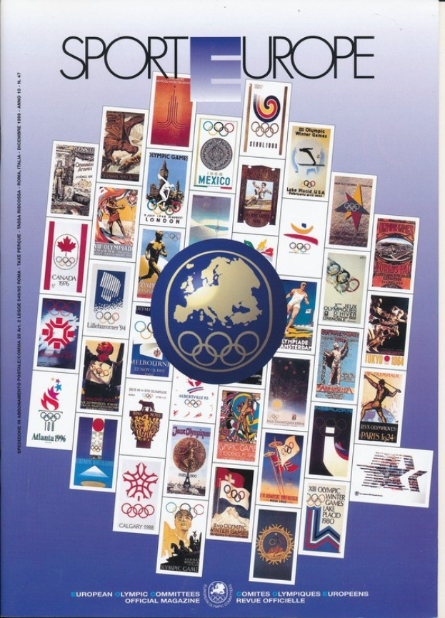 Ein Buchumschlag mit dem Titel "Sporting Europe", der farbenfrohe Bilder und Texte zu den Olympischen Spielen in Europa zeigt, mit fetter weißer Schrift und detaillierten Olympischen Symbolen.
