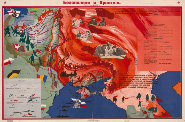 Ein Plakat mit Karten des sowjetischen Reichs und des russischen Reichs, überlagert mit Bildern und Texten über den Krieg.