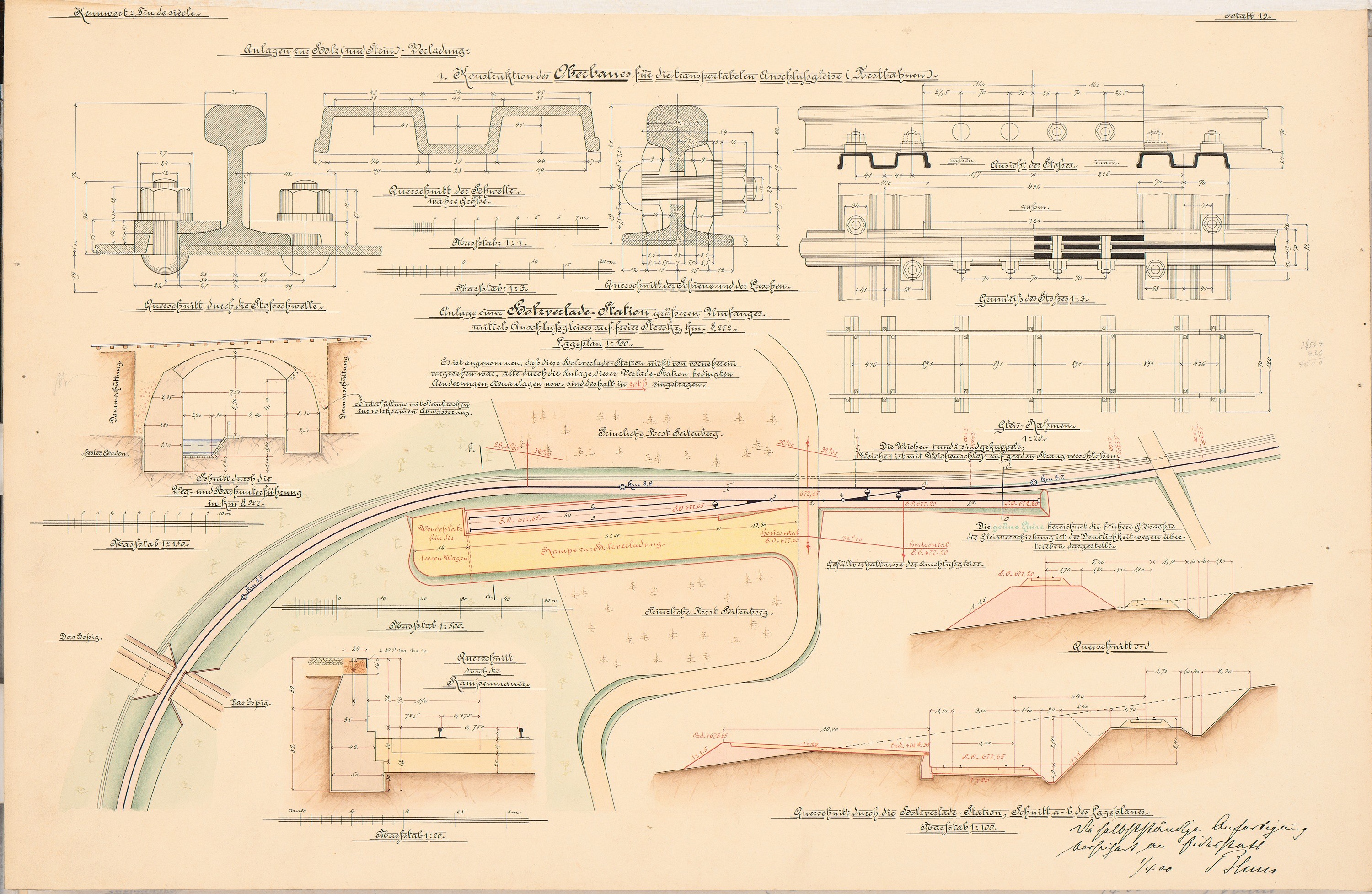 Altes Buch mit detaillierten Zeichnungen und Texten zu einem Eisenbahnlayout, einschließlich einer Illustration einer Eisenbahnschiene.