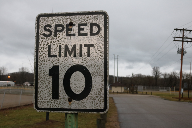 Geschwindigkeitsbegrenzungsschild am Rande einer Straße mit umgebenem Gras, Strommästen, einem Zaun, Häusern, Bäumen und einem bewölkten Himmel im Hintergrund.