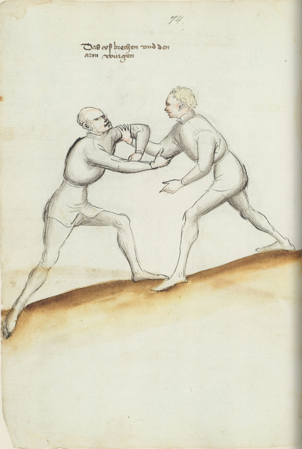 Zwei Männer stehen sich gegenüber, wobei einer einen Schlag austeilt, auf einem Papier mit Text stehend.