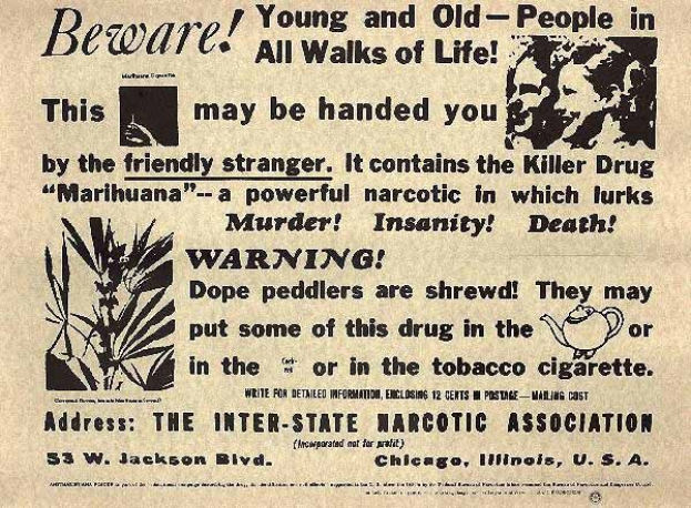 Schwarze und weiße Zeitungsanzeige für die Inter-State Narcotic Association mit einem Bild eines Mannes und einer Frau, mit dem Warnhinweis "Vorsicht, jung und alt in allen Lebensbereichen".