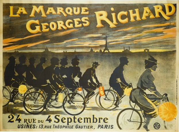 Ein Plakat, das ein Fahrradrennen in Paris, Frankreich, ankündigt, mit einer Gruppe von Radfahrern und dem Eiffel-Turm im Hintergrund.