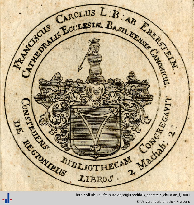 Ein altes Buch mit einem Wappen, das einen Schild mit einer Krone darauf zeigt, umgeben von einem Lorbeerkranz und einem Banner mit der Aufschrift "Bibliothek", sowie dem Wort "Bibliotheken" darunter.