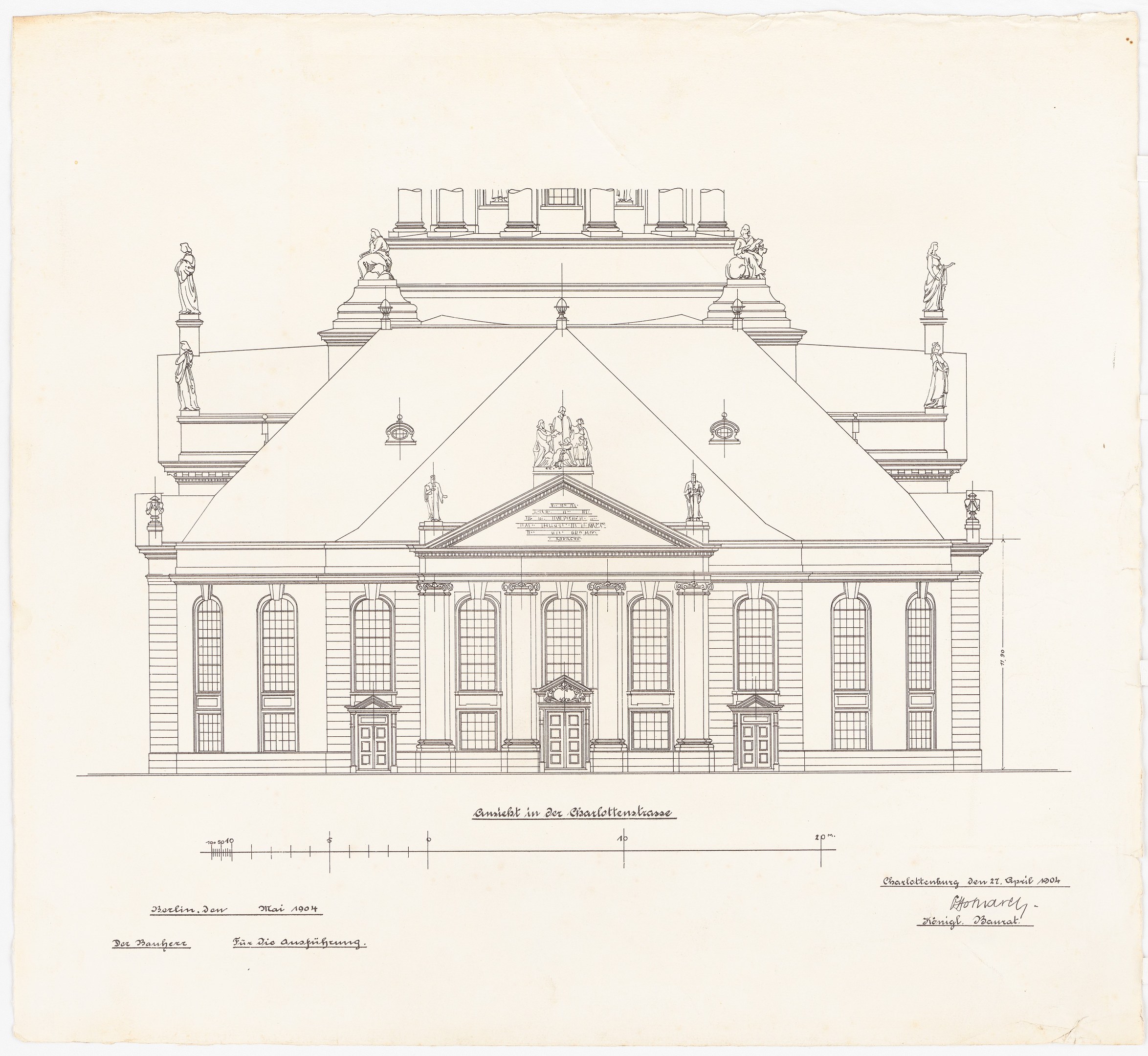 Eine detaillierte Zeichnung der Schlosshof-Gebäudefassade in Dresden, Deutschland, mit zahlreichen Fenstern und Statuen, skizziert auf einem Papier mit sichtbarem Text.