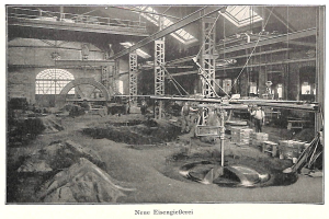 Schwarzes und weißes Foto einer Fabrikhalle mit Arbeitern, die an Maschinen arbeiten, Metallstangen, Pfosten und andere Ausrüstung; Text unten lautet "Neue Eisengießerei, die erste Fabrik Deutschlands."
