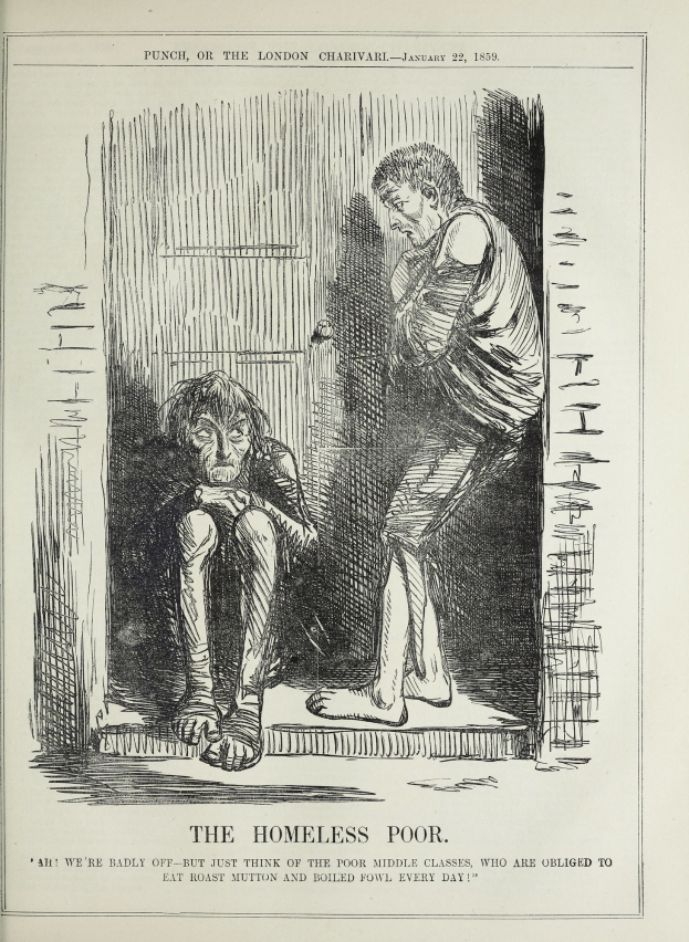 Eine Zeitung mit einer Zeichnung von zwei Personen, eine sitzend und eine stehend, mit der Aufschrift "Die Obdachlosen"