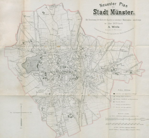 Ausführliche Karte von Stadt Münster, Deutschland, von 1873 mit Textanmerkungen, die den Aufbau der Stadt zeigen.