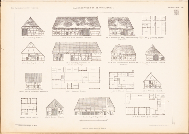 Ein offenes altes Buch zeigt architektonische Hauspläne mit detaillierten Entwürfen und begleitendem Text.