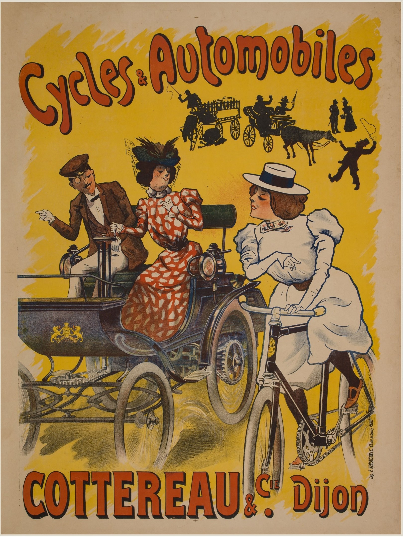 Plakat, das Fahrräder und Automobile in Cottereau und Dijon, Frankreich, bewirbt und Menschen zeigt, die Fahrräder fahren und eine Kutsche mit "Fahrräder und Automobile" oben