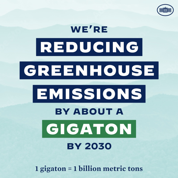Plakat mit Text und Logo, das "Wir reduzieren die Treibhausgasemissionen um etwa eine Gigatonne bis 2030" verkündet und für die Reduzierung der Treibhausgase bis 2030 wirbt.
