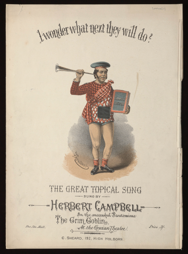 Eine Person in buntem Outfit hält ein Musikinstrument und singt von Notenblättern mit der Überschrift "Der große aktuelle Song von Herbert Campbell", mit fröhlichem Gesichtsausdruck.
