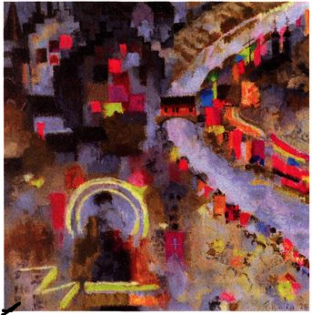 Ein Gemälde einer nächtlichen Stadtstraße mit einer Brücke im Hintergrund, beleuchtet von Stadtlichtern, mit einem Wasserzeichen links unten.