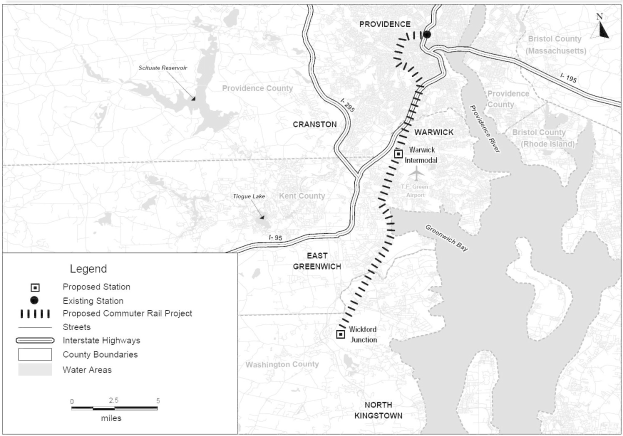 Schwarze und weiße Stadtkarte mit einem Fluss, beschriftet mit "Vorgeschlagenes S-Bahn-Projekt" auf der linken Seite, zeigt Straßen, Autobahnen und Stadtmerkmale.