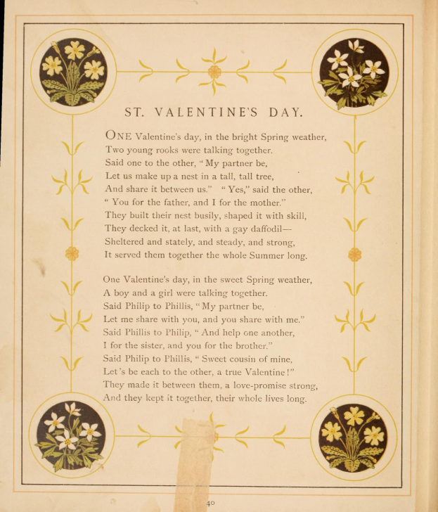 Ein aufgeschlagenes Buch mit einem Gedicht namens 'St. Valentinstag' von Philip Phillips, umgeben von einem dekorativen Blumenschmuck.