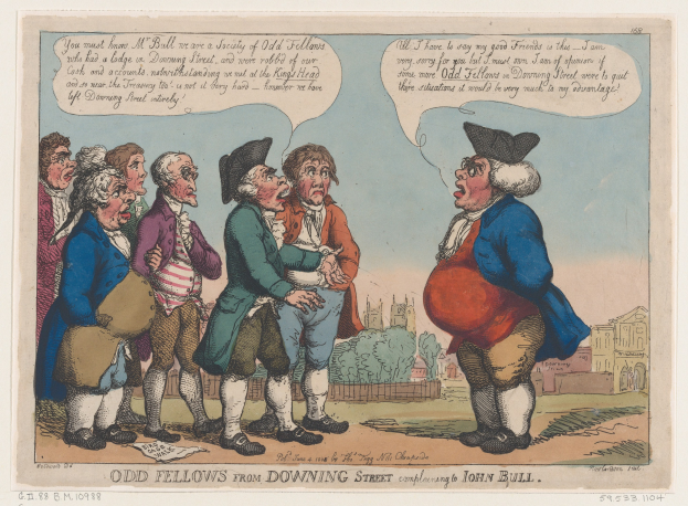 Zeichnung von Menschen vor einem Gebäude mit Bäumen und Himmel, mit Text unten: 'odd fellows from downing street complaining to John Bull'.