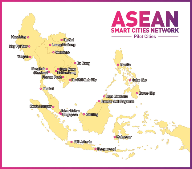 Karte des ASEAN-Netzwerks intelligenter Städte, die Pilotstädte mit einer detaillierten Darstellung von Städten und Ortschaften in der Region hervorhebt.