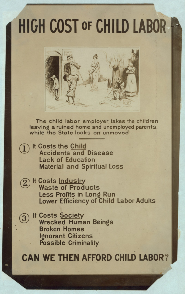 Plakat mit der Überschrift "Hohes Kindesarbeit" auf blauem Hintergrund, weißer Schrift und einem weißen Rand, mit kreisförmigen Anordnungen von Gesichtern verschiedener Menschen.