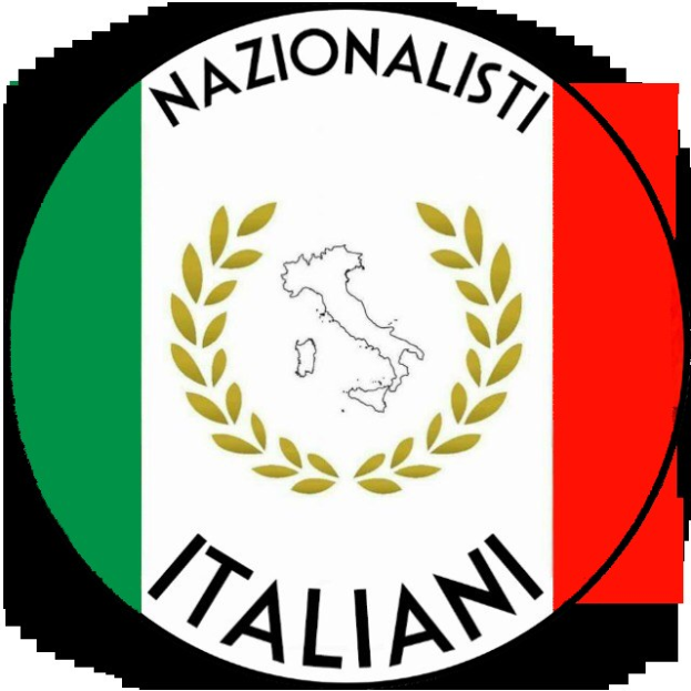 Logo der 'Nazionalisti Italiani' mit einer Karte Italiens in Grün, Weiß und Rot, umgeben von einem Lorbeerkranz.
